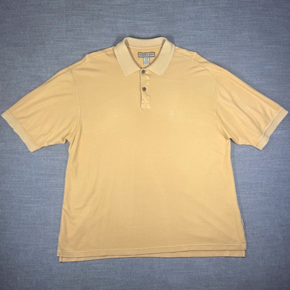 Jamaica Jaxx Mens XL Silk Cotton Polo Shirt Khaki Textured Short Sleeve Resort *
